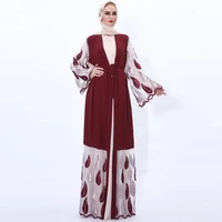 elegant fashion abaya kimono for muslim women flare sleeve summer skirt maxi embroidery gauze kimono dress with sash