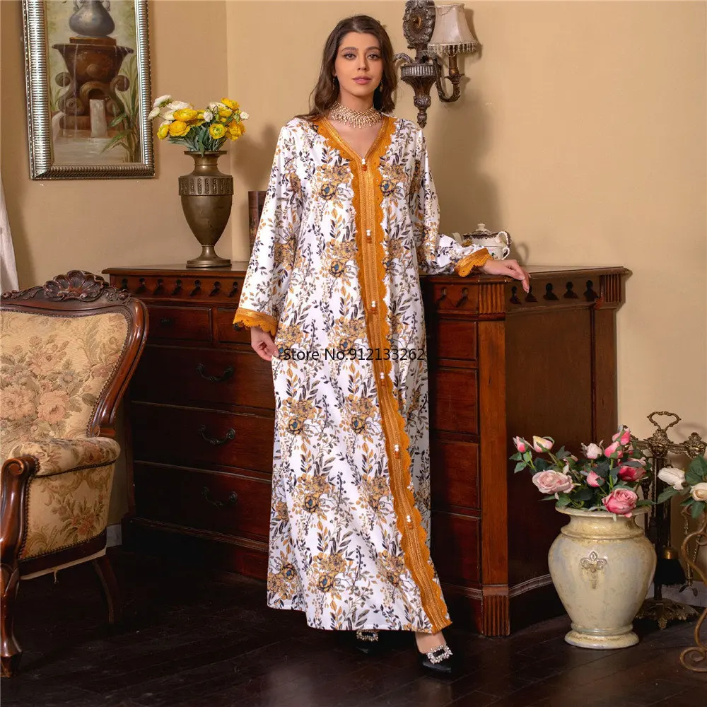 Elegant Women's Dresses For Party 2023 Elegant Floral Printed V-Neck Tape Trim Moroccan Kaftan Muslim Abaya Dress Dubai Ramadan
