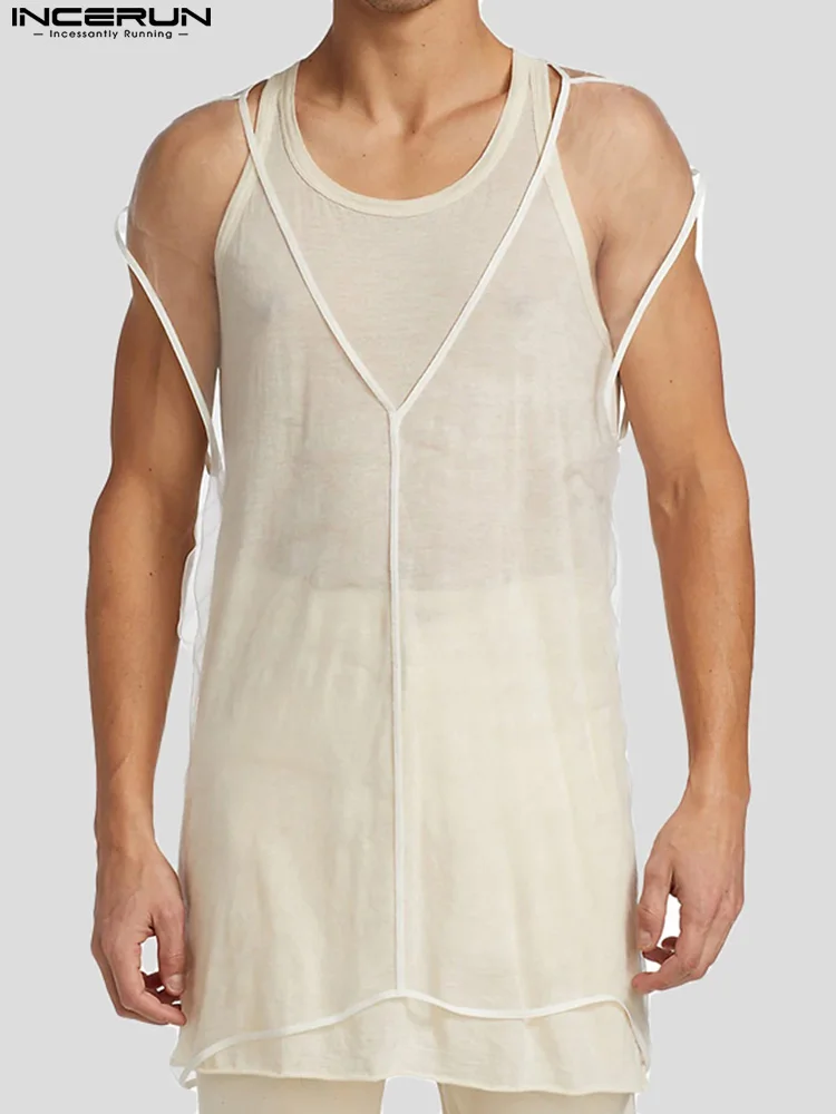 

Майка INCERUN мужская с глубоким V-образным вырезом, прозрачная пикантная тонкая жилетка без рукавов, длинная стильная уличная одежда, 2022