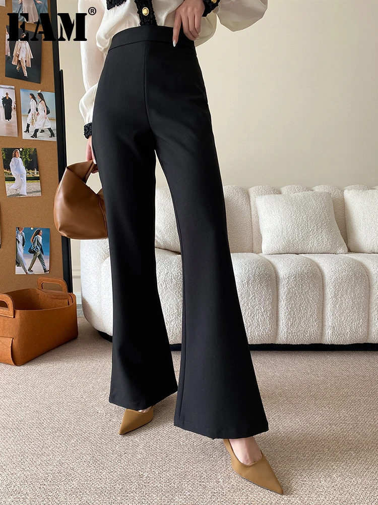 

[EAM] Черные повседневные длинные расклешенные брюки на молнии с высокой талией, Новые облегающие брюки для женщин, модные весенне-осенние 2023 1DF6475