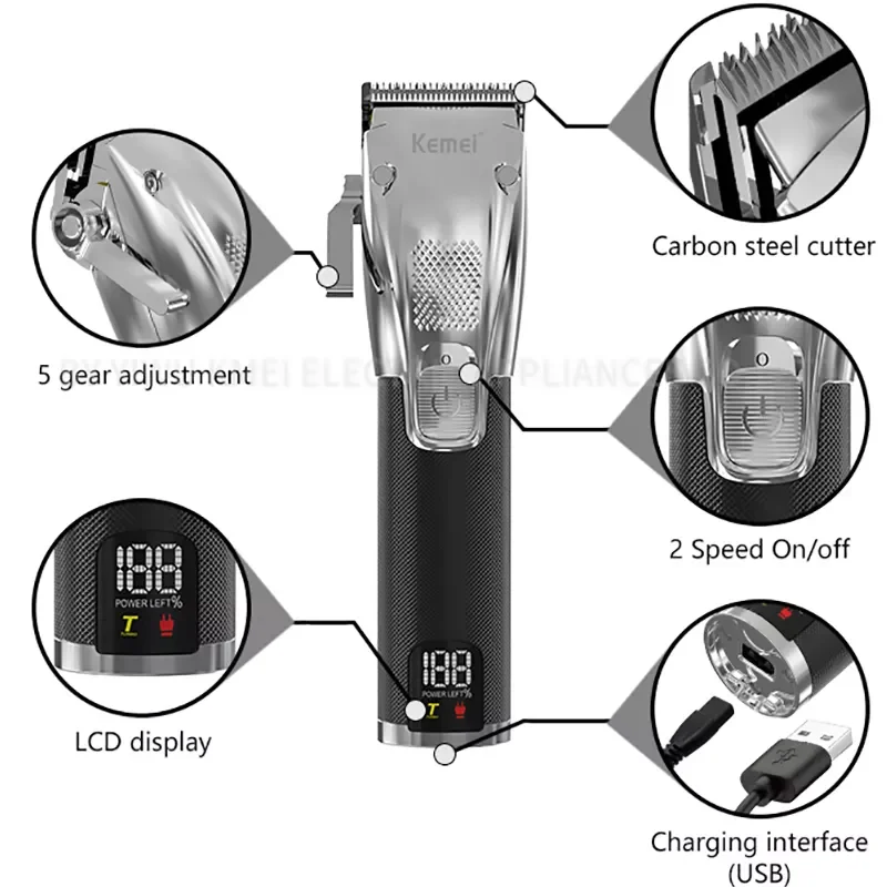 Kemei professional rechargeable LCD display hair trimmer barber shop adjustable electric hair clipper beard hair cutter machine enlarge