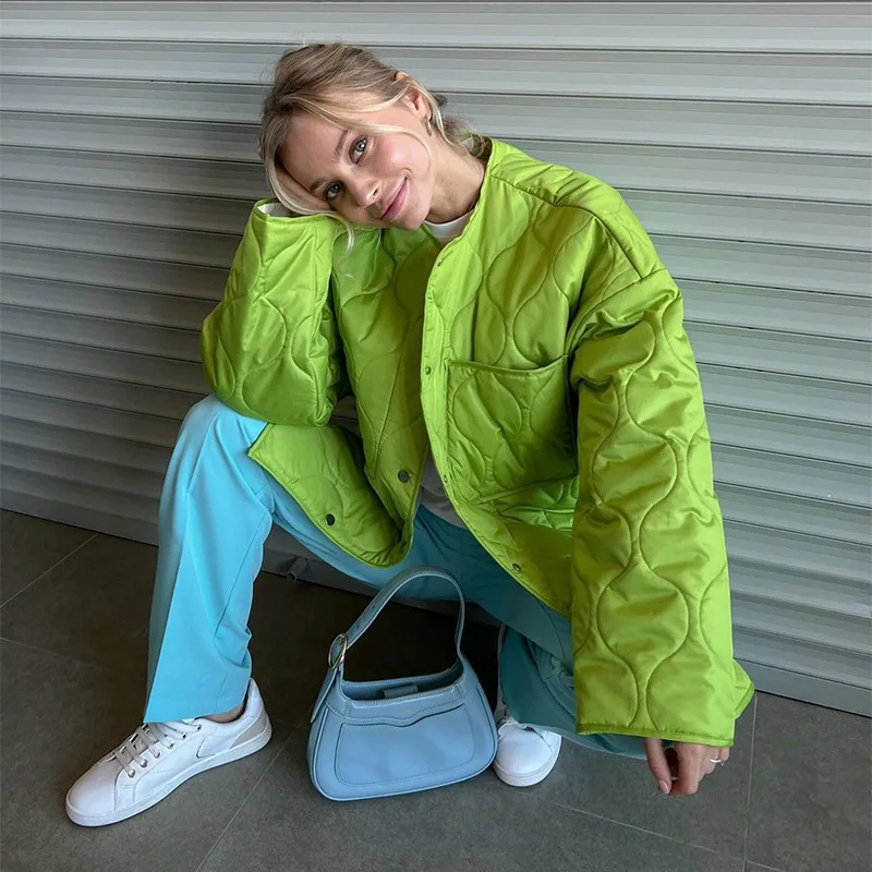 2023 Autumn Women's Cotton-padded Jacket Green Solid O-neck Single Breasted Pockets Long Sleeve Female Elegant Ladies Clothes