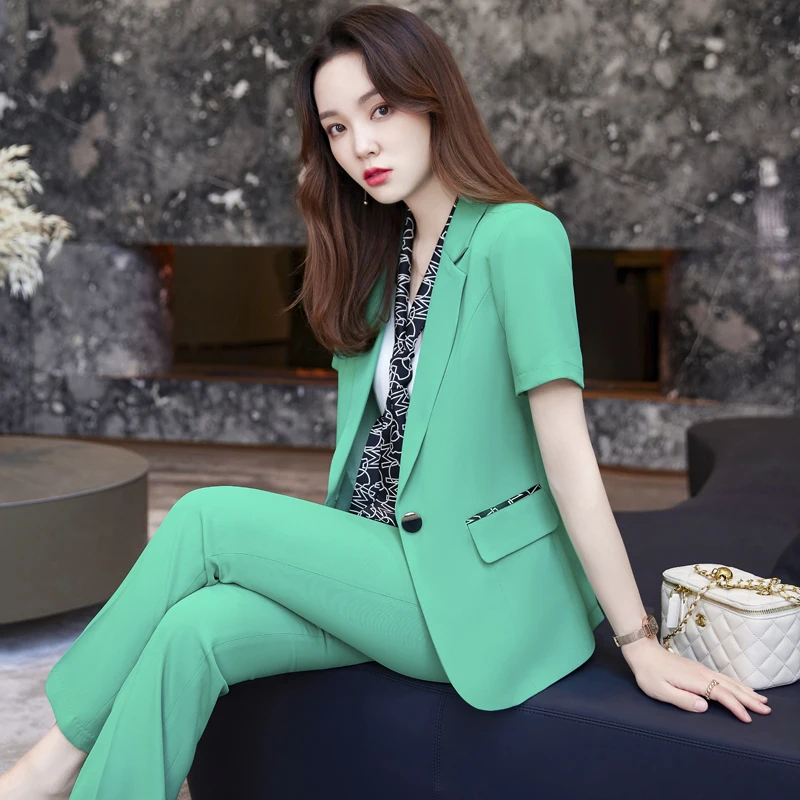 Wholesale spot Korean version green suit suit set women's summer thin president high-end professional dress temperament goddess