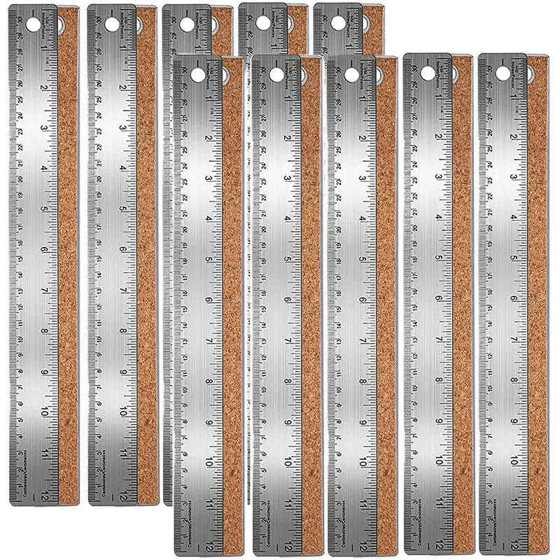 

10 Pcs 12 Inch Metal Ruler Non-Slip Cork Backing Stainless Steel Rulers With Inch And Centimeters Prevent Ink Leakage