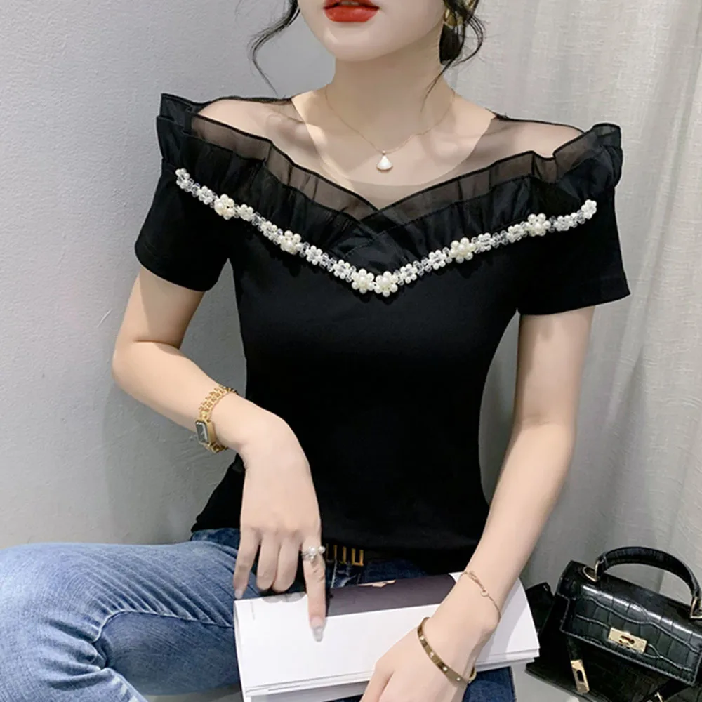 Высококачественная футболка с бисером модные роскошные топы короткими рукавами
