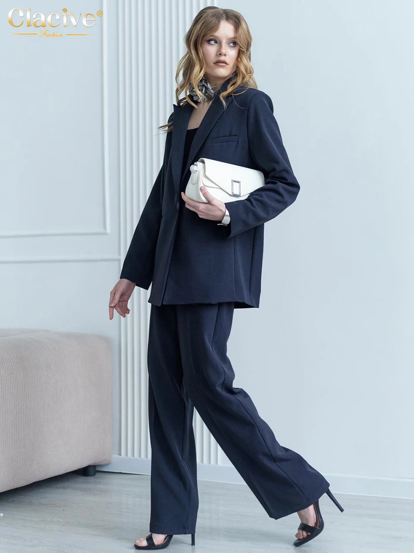 Clacive Fashion Свободный синий офисный комплект из 2 предметов Женский наряд 2025