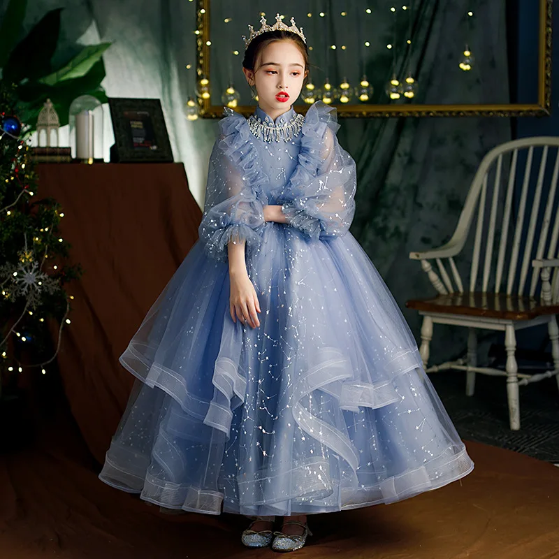 

Newly Designed Kids Long Purple Tulle Sequins Dress Girls Wedding Party Show Ball Gowns Teenagers Birthday School Dance Dress