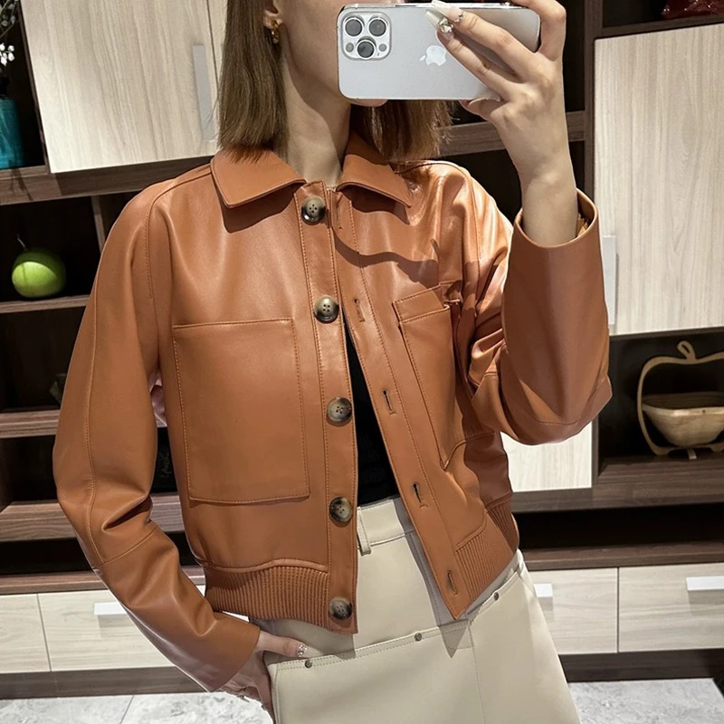 Высококачественная куртка из овечьей кожи с карманами для женщин Осень-зима 2024
