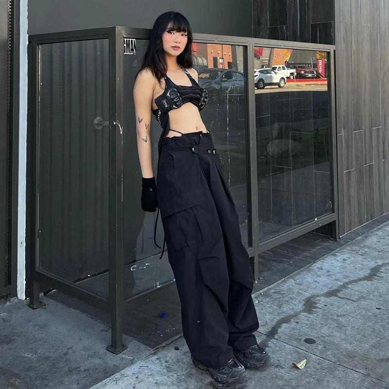 

Gothic Big Pocket Cargo Pants Women Streetwear Punk Wide Leg Trouser Grunge Fairycore Dark Hip Hop Low Waist Baggy Pant