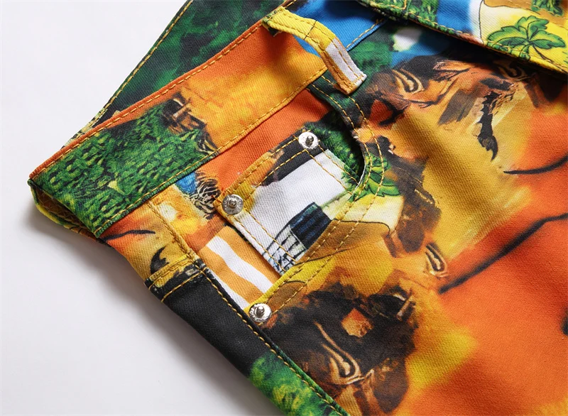 Men's Colorful Graffiti Printed Jeans Y2K Colorful Slim Fit Tapered Elastic Casual Pants Fashion Street Clothing Small Foot Pant