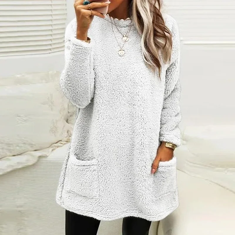 

Elegant Solid Fleece Tops Women Casual Crew Neck Long Sleeve Jumpers Winter Warm Ladies Fashion Loose Pullovers Streetwear 2022