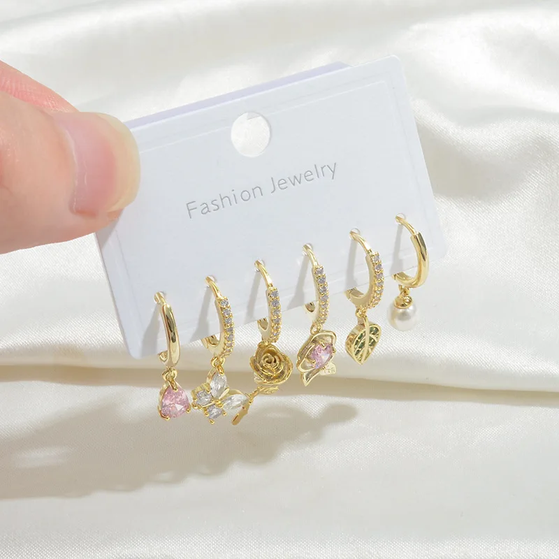 

Wholesale Zircon Pearl Petals Cute Three Pairs Set Earrings Women Girl Eardrops Jewelry Gift