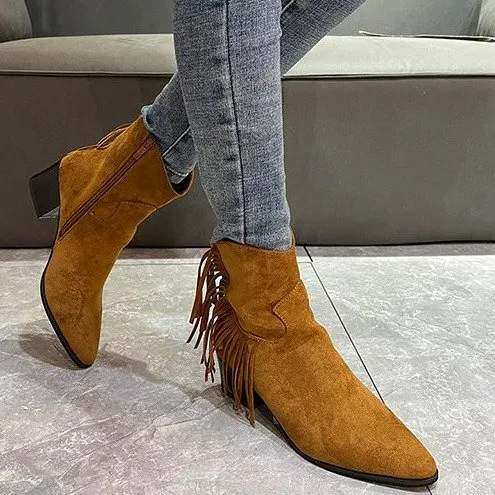 Chelsea Boots Ankle Fringe Chunky Heels Western Cowboy Style Shoes Short Elegant Woman Heeled Gothic Plus Size Women's Clothing