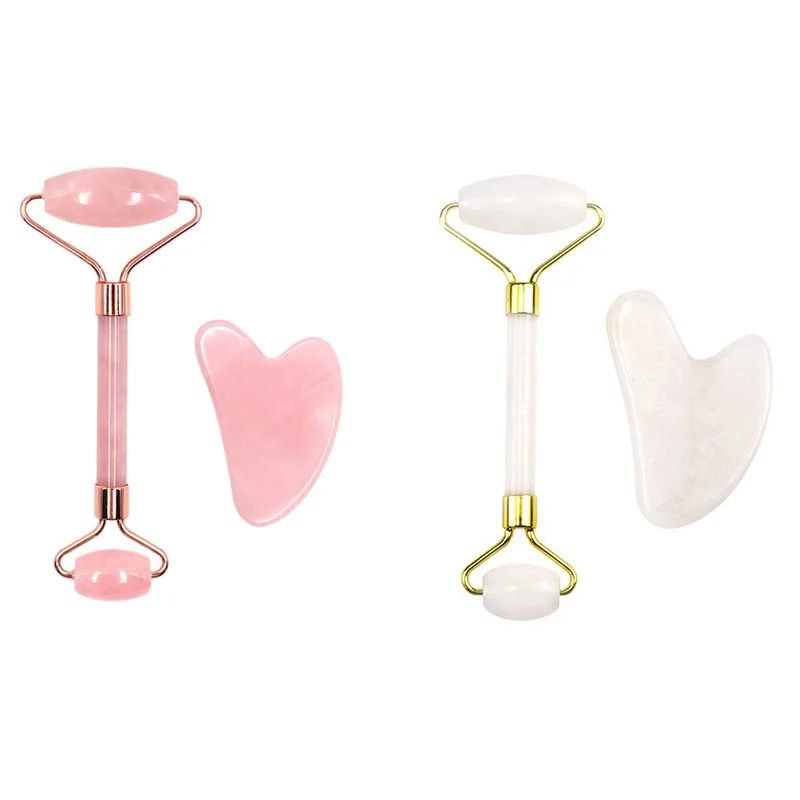 

2PCS Quartz Jade Massager Roller Skin Lifting Scraper Set Natural Crystal Stone Gua Sha Board Face Roller Skin Care Beauty Tool