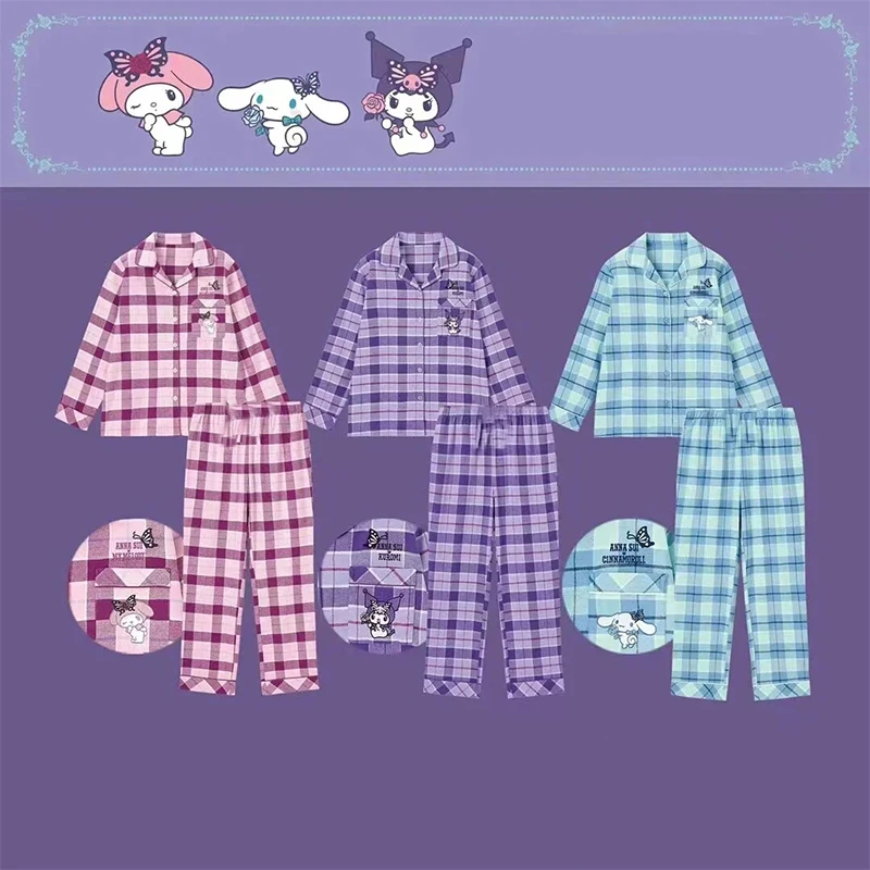 

Kawaii Sanrio Kuromi Pajamas Set Cute Cartoon Anime My Melody Cinnamoroll Spring Autumn Lattice Home Clothes Suit Family Girl