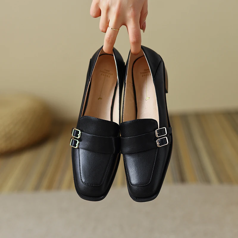 

Super Soft Spring& Autumn Genuine Cow Leather SquareToe Metal Decoration Casual Office Lady Loafers Simple Solid Shoes Women