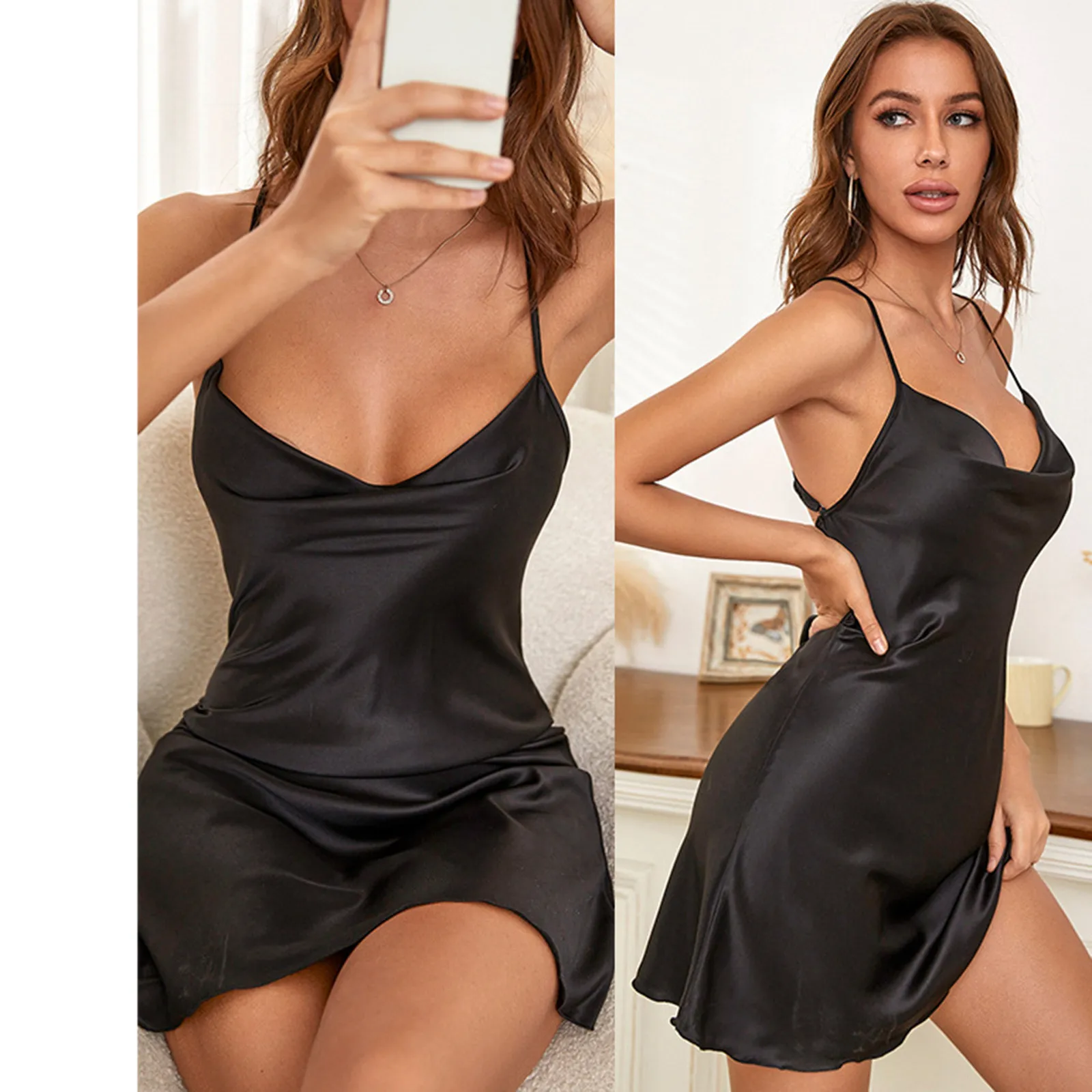 

Nightgown Women Sleepwear Silk Nighty Strap Nightdress Lingerie Satin Chemise Nightie Slips Sleep Dress Nightwear Night Homewear