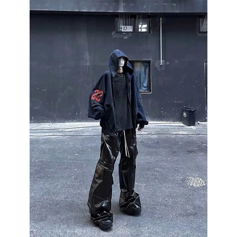 [BOMP] Свободный крой вощеные глянцевые рабочие брюки с несколькими карманами в