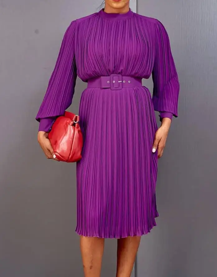 

Women's Fashion Pleated Loose Dress European & American Temperament Commuting Clothing Elegant Long Sleeves High Waist Dresses