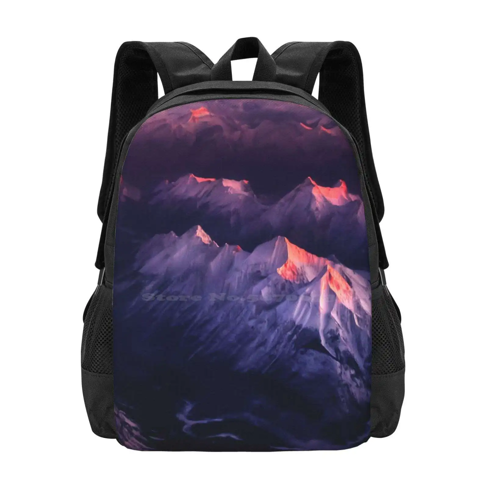 

Fire In Ice Pattern Design Bagpack School Bags Rockies Capped Morning Mountain Orange Predawn Purple River Sky Snow Sunrise