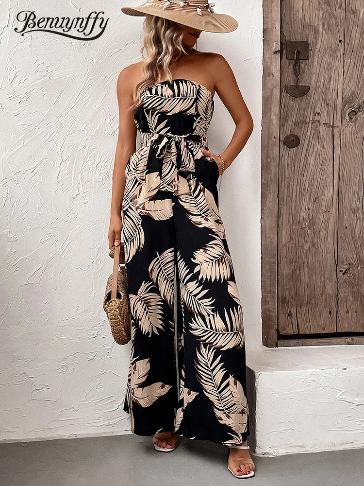 

Benuynffy Tropical Print Belted Tube Jumpsuit Women Casual Pockets Vacation High Waist Sexy Wide Leg Jumpsuits 2023 Summer