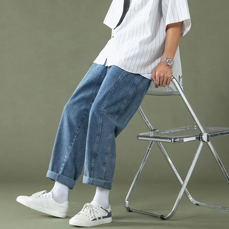 Summer Blue/Black Jeans Men Fashion Retro Casual Straight Jeans Men Streetwear Hip Hop Loose Denim Pants Mens Trousers S-2XL