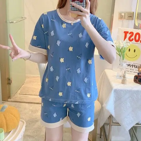 Pajamas Women's Summer Short Sleeve New Student Two Piece Set Large Size Cute Cartoon Thin Style Outwear Home Furnishing