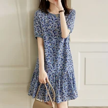 2021 summer floral dress, thin, high waist, pleated hem dress, female short-sleeved dress  long sleeve dress  vestidos de mujer (4)