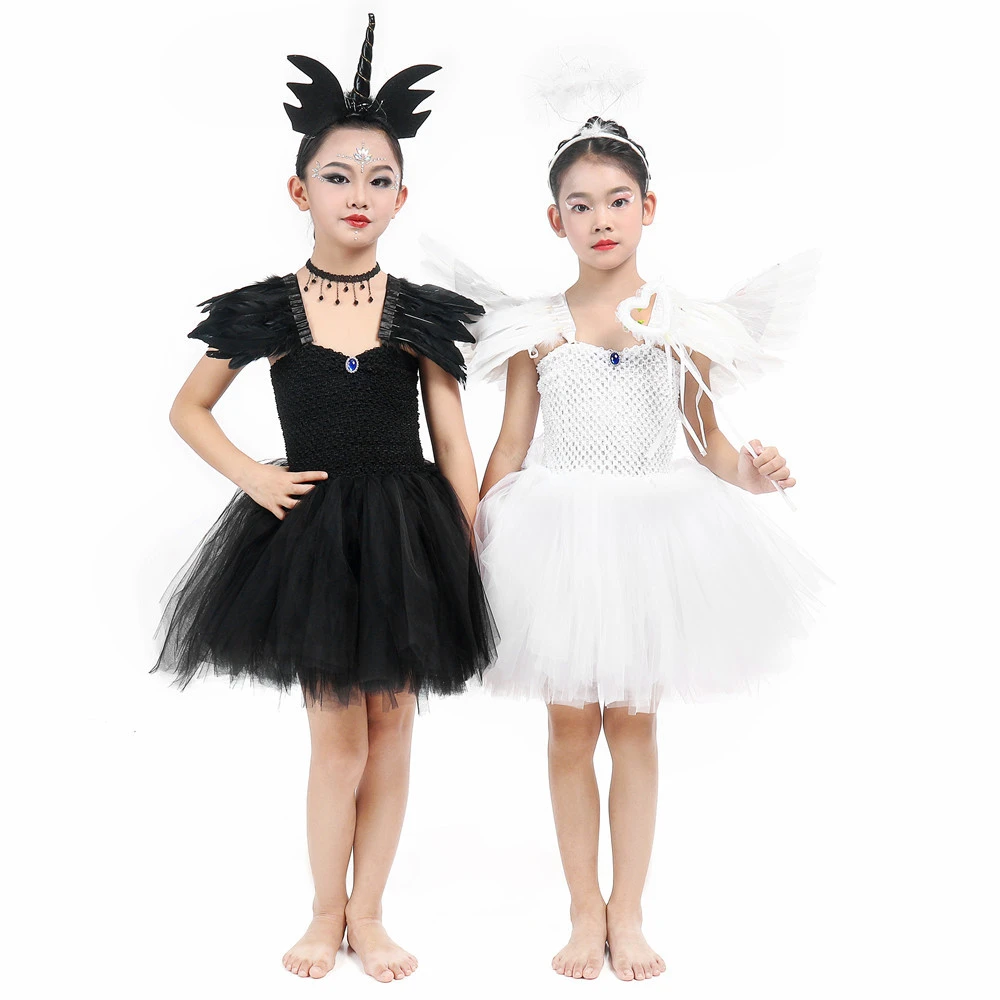 

White Black Fallen Angel Halloween Costume for Girls Kids Maleficent Tutu Dress with Wings V-neck Feathers Carnival Party Outfit