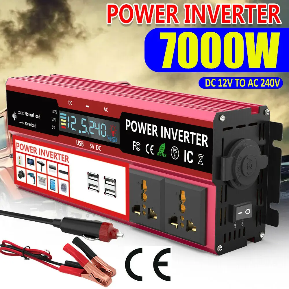 

7000W Car Power Inverter Pure Sine Wave DC 12V To AC 240V LCD 4USB Charger Boat