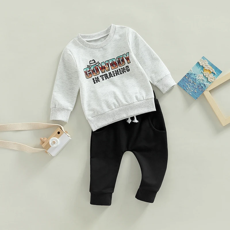 

Toddler Boys Autumn 2Pcs Outfit Sets Long Sleeve Letter Print Pullover + Black Drawstring Pants