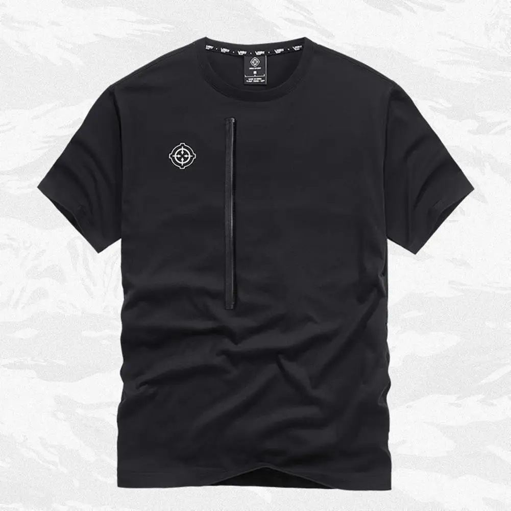 

Men Shirt Zipper Decor Cool Detachable Pockets Young Style Soft Fabric O Neck Loose Hip Hop Style Crew Neck Men Tops Male Clothe