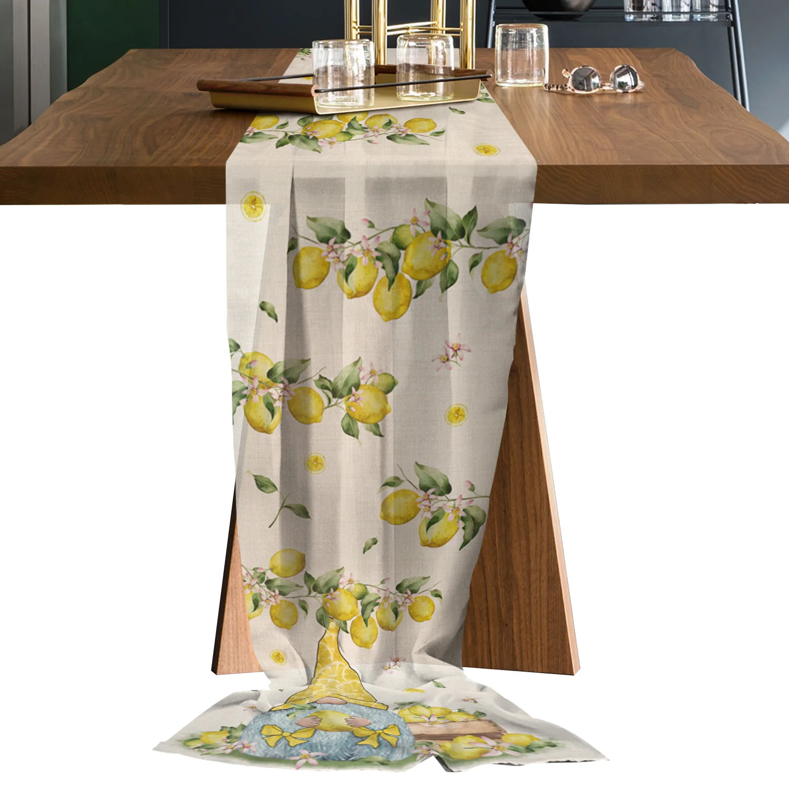 

Lemon Idyllic Fruit Gnome Long Chiffon Voile Table Runner Printed Tablecloth for Wedding Coffee Table Sheer Table Runner