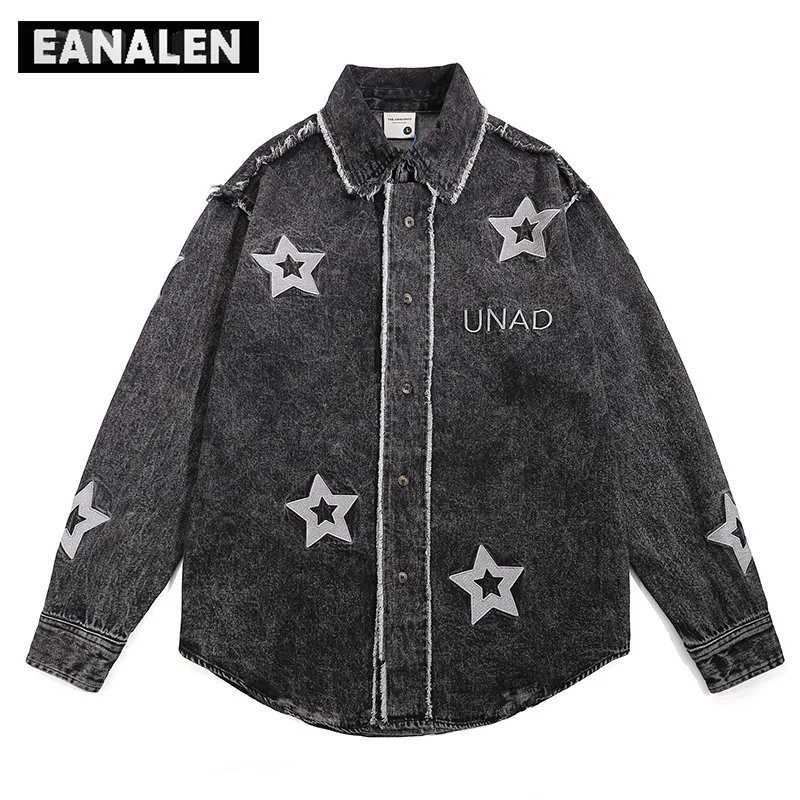 

Harajuku Vintage Black Star Graphic Long Sleeve Shirt Men's Oversized Rock Punk Casual Campus Boyfriend Style Denim Jacket Women