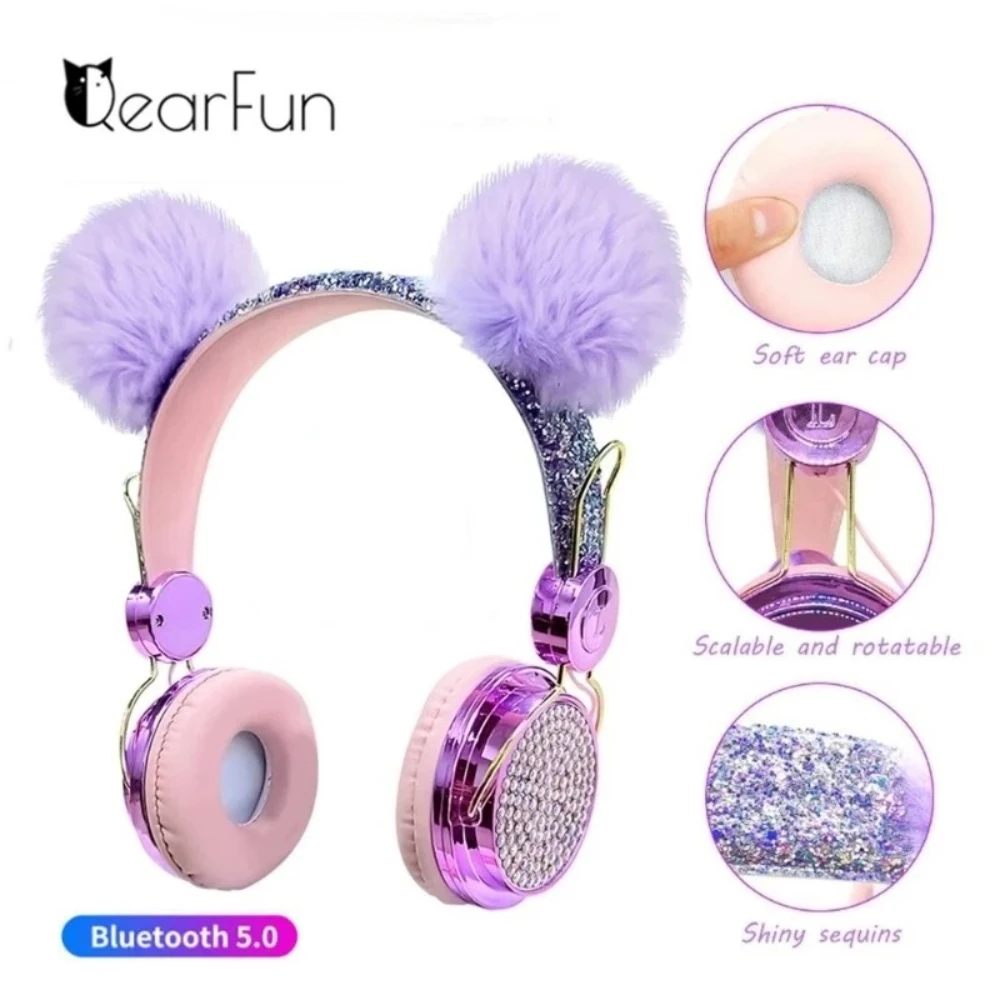

Bling Wireless Headphones Bluetooth Girls Wired Earphones with Microphone Children's Luxury Glitter Cute Hairball Music Headset