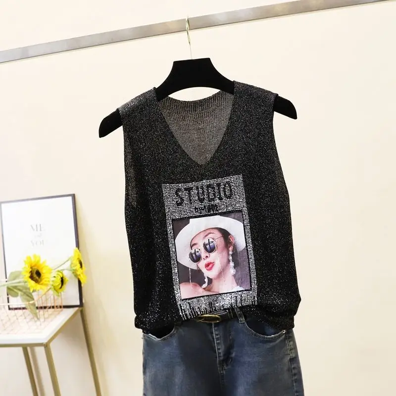 

2023 Summer Tank Top Women Thin Bright Silk Knitted Shirt Women's Fashion Girl Rhinestones Sleeveless Vest Outwear Female Tops