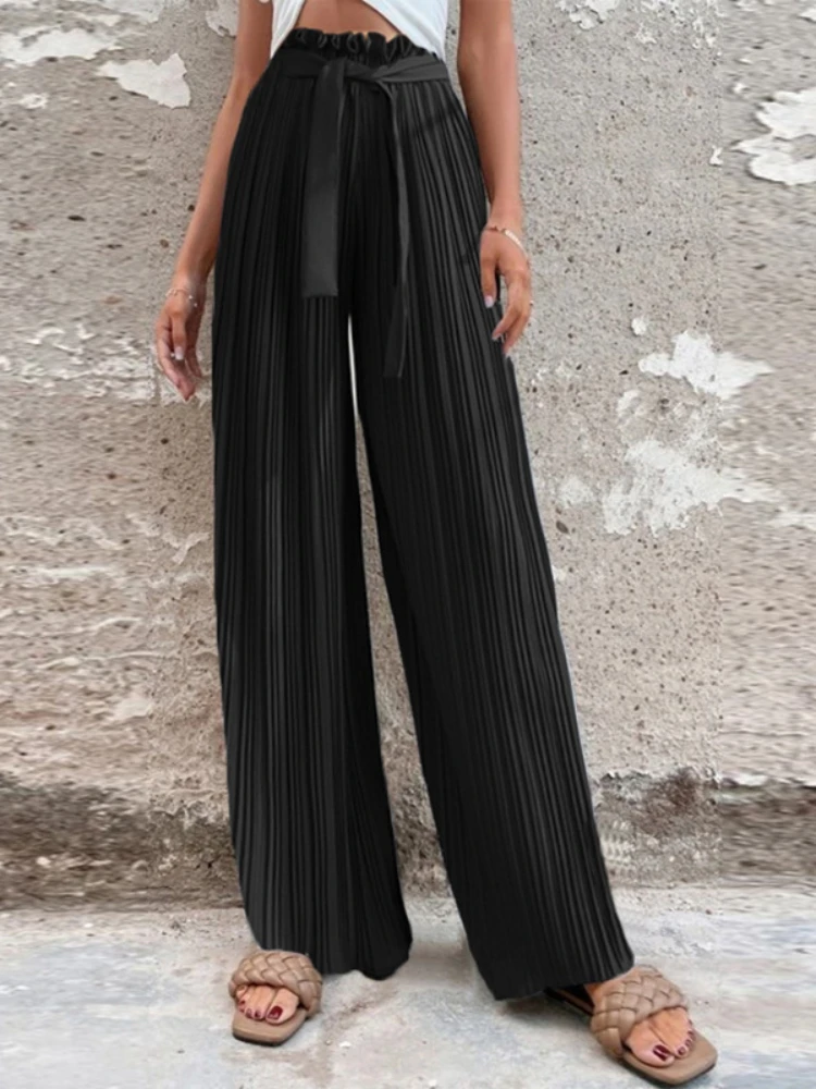 

Pleated Wide Leg Pants for Women Casual Loose Bandage Elastic High Waist Pant Summer Autumn Fashion Street Baggy Female Trousers