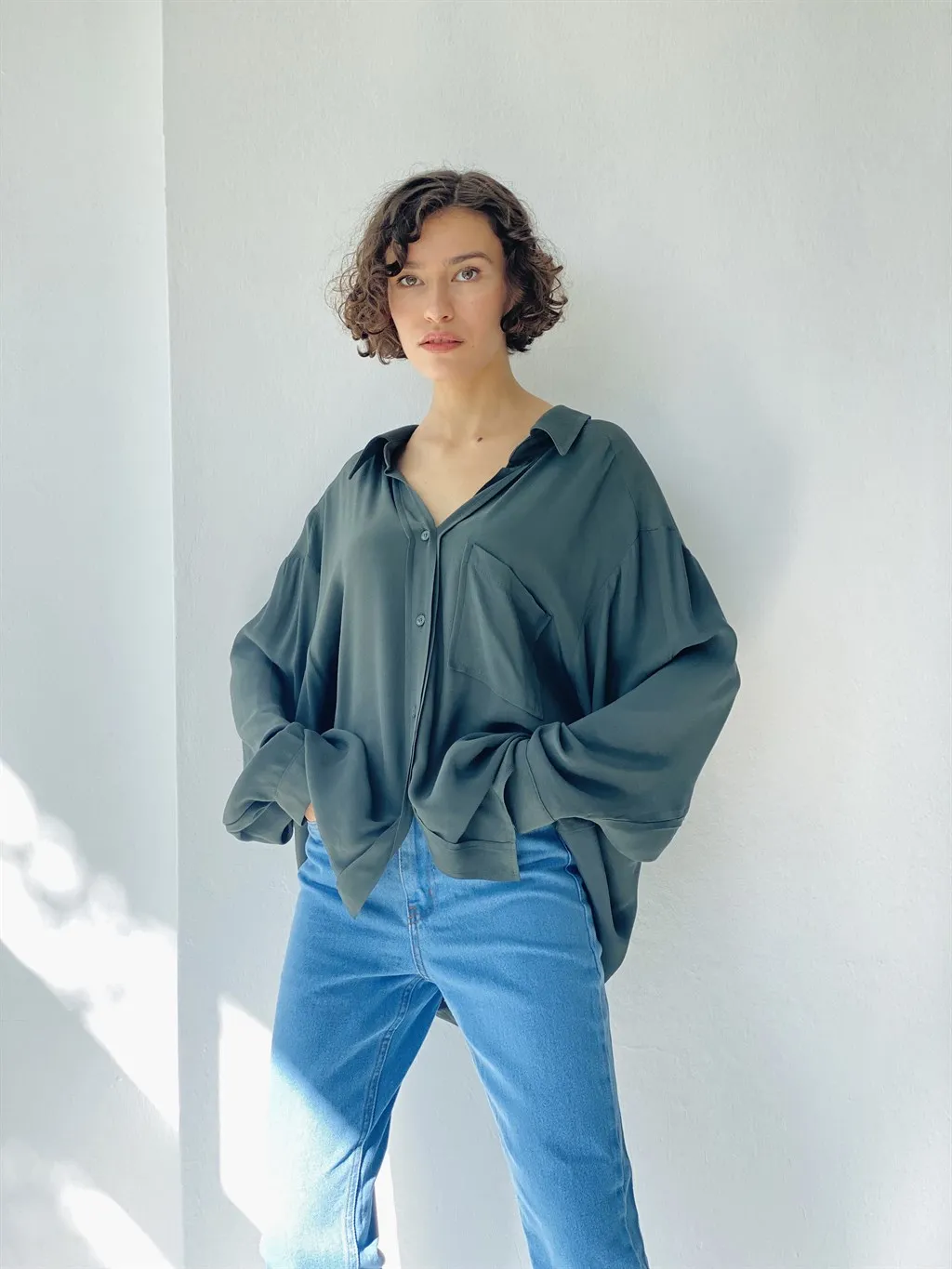 

Retrobird Women Shirt Casual Cut Daily Use Khaki Color Viscose Fabric Women 'S Standard Size Oversize Shirt