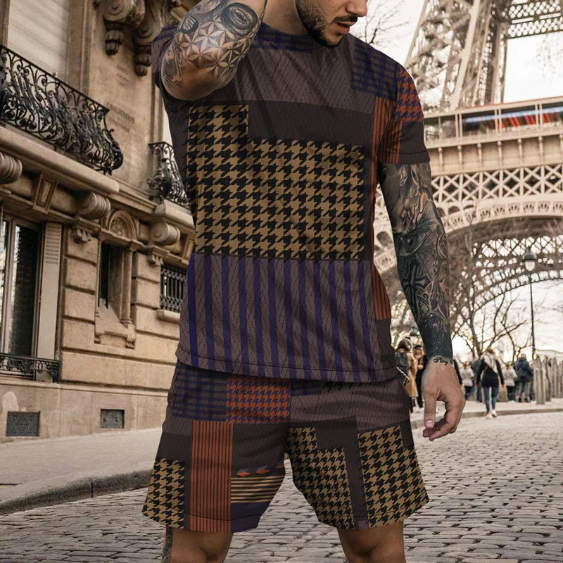 2023 Men's Latest Summer Two-piece Fashion Casual Short-sleeved T-shirt Short Suit Street Clothes Vintage Geometric Pattern Prin