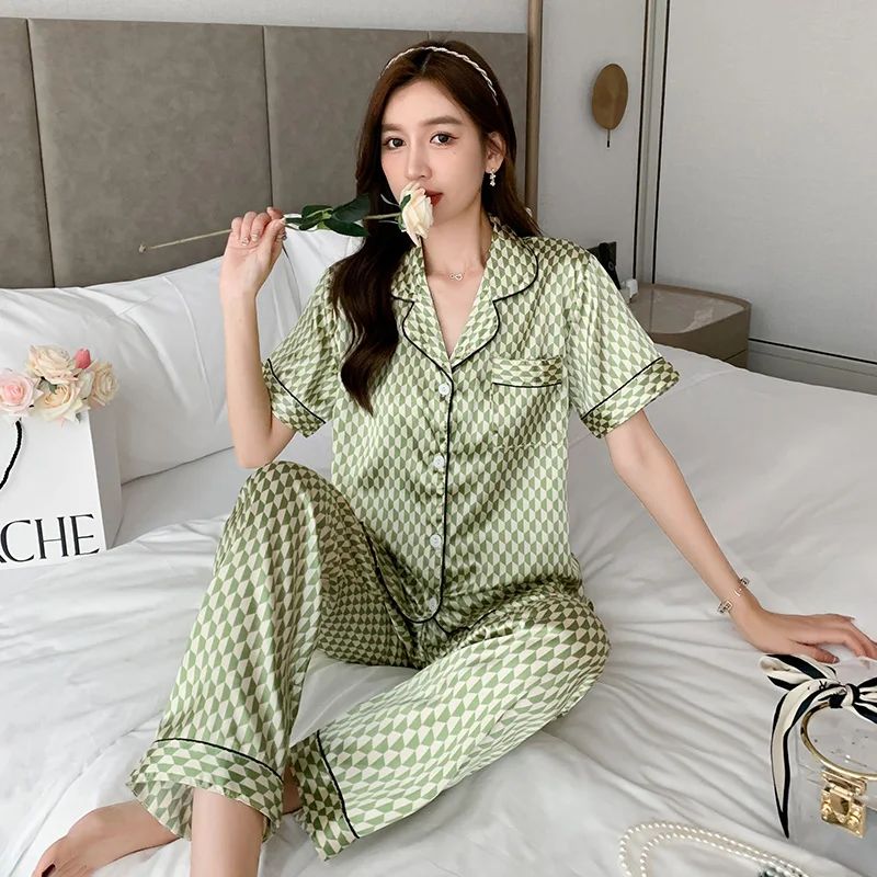 

Summer women's pajamas imitation silk simple casual cardigan lapel short-sleeved shorts trousers suit thin section women's home