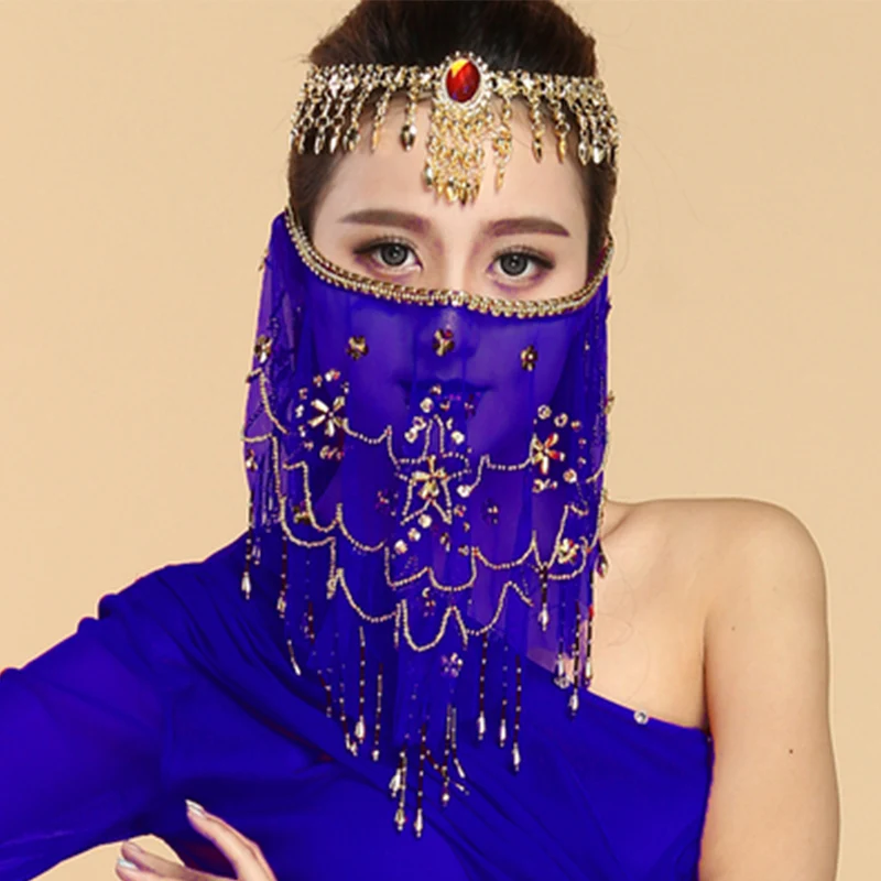 Indian Belly Dancer Veil Accessories Chiffon Halloween Face Dress Up Beautiful with Sequins Dancing Sequin Fringe Accessories