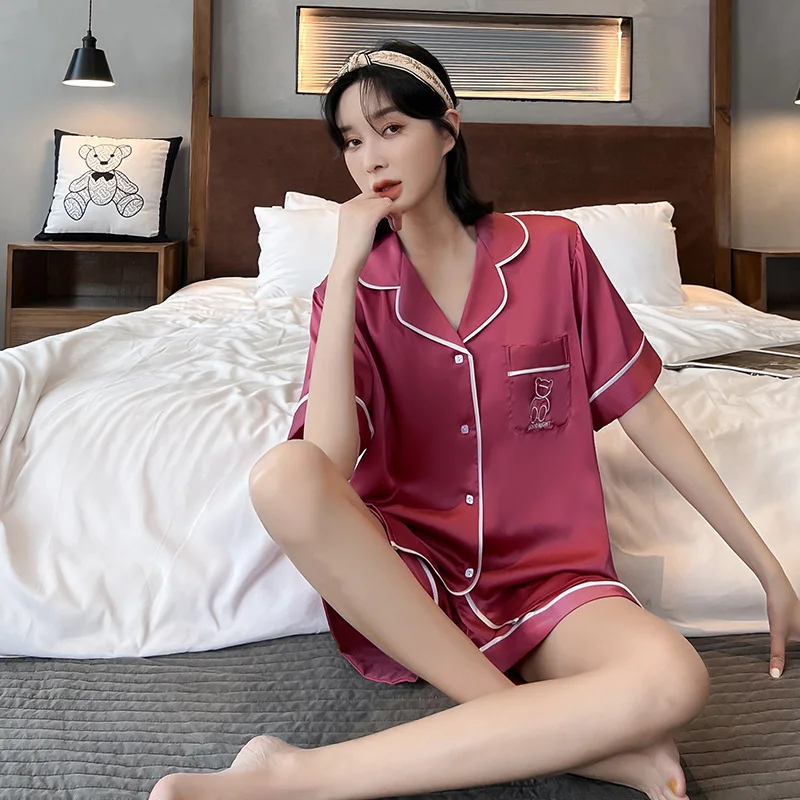 Pajamas Womens Solid Color Thin Short-sleeved Shorts Korean Version of Loose Two-piece Home Suit Breathable and Casual Nightwear