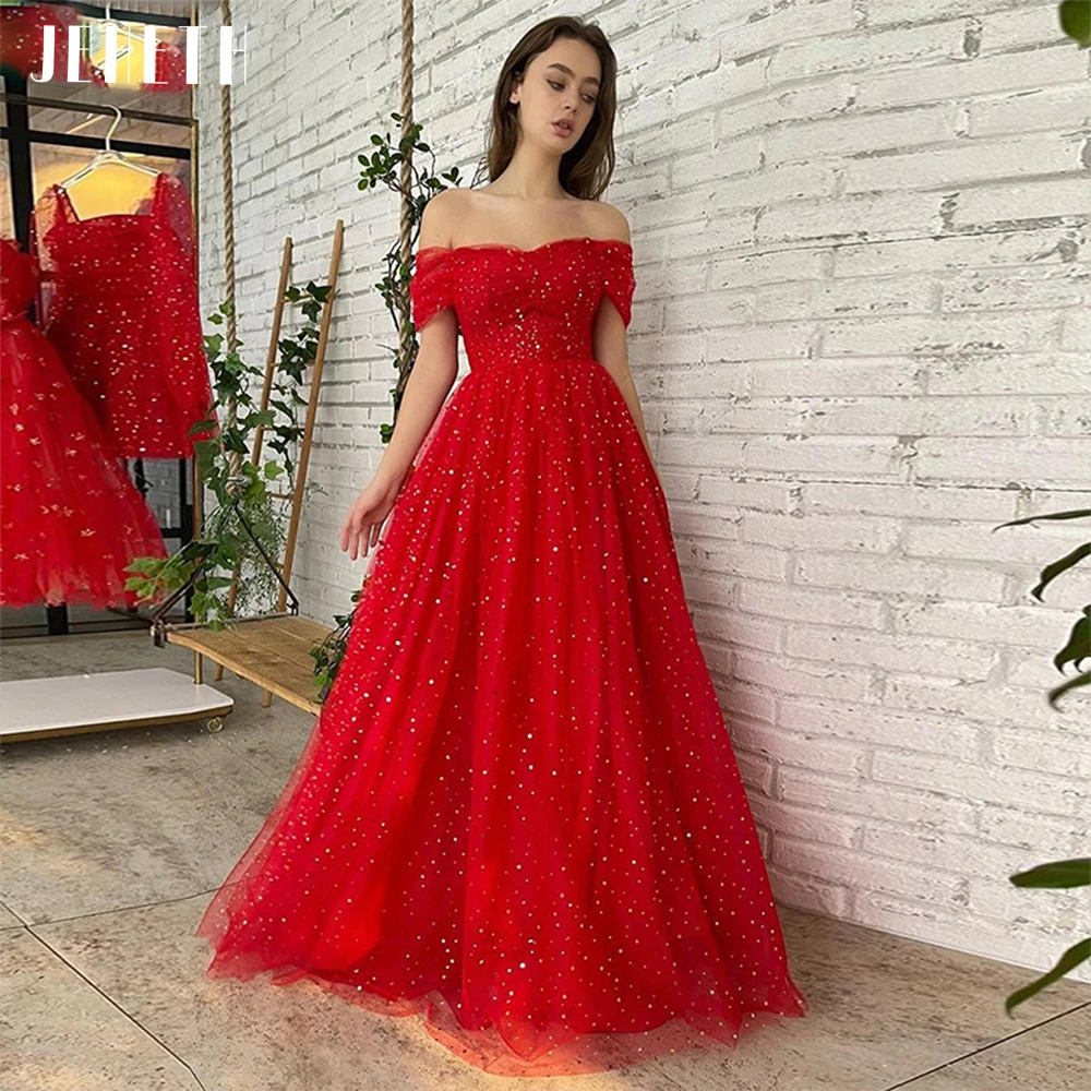 

JEHETH Red Starry Tulle Long Prom Dress Off the Shoulder Pleats A Line Evening Party Gown Formal Floor Length Robes De Soirée