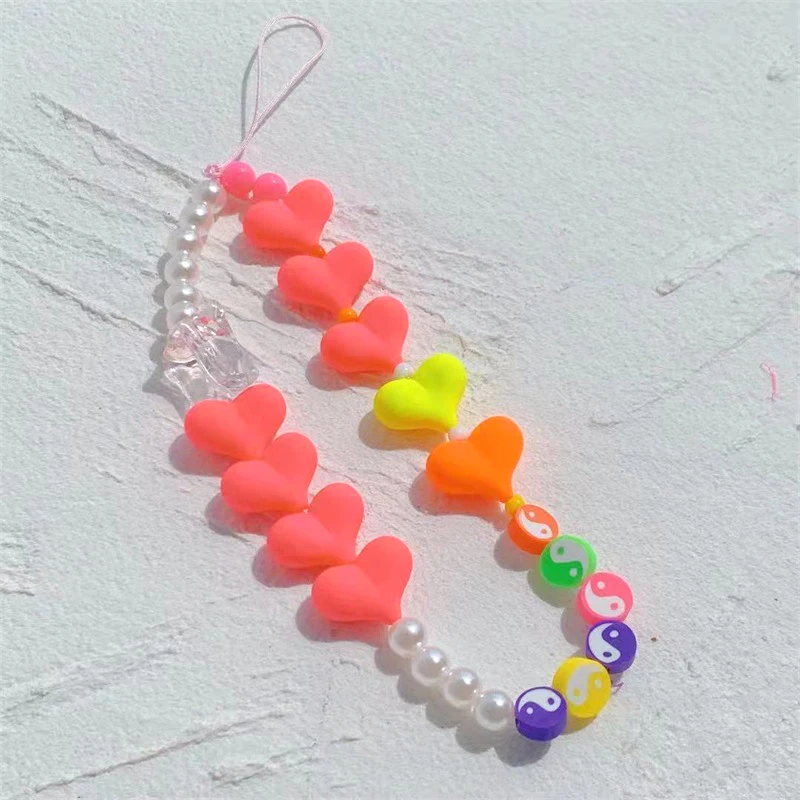 Colorful Heart Pearls Key Chain Ladies Fashion Cute Romantic Vintage Keychain Charm Korea 90s Aesthetic Bag Phone Chain Gift New