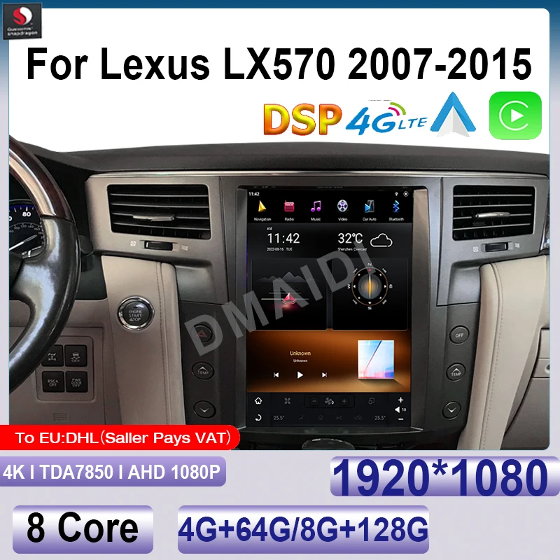 

Автомобильное радио CarPlay мультимедийный видеоплеер для Lexus LX570 2007-2015 13,6 дюймов Qualcomm Android 11 Авторадио стерео BT Google Navi