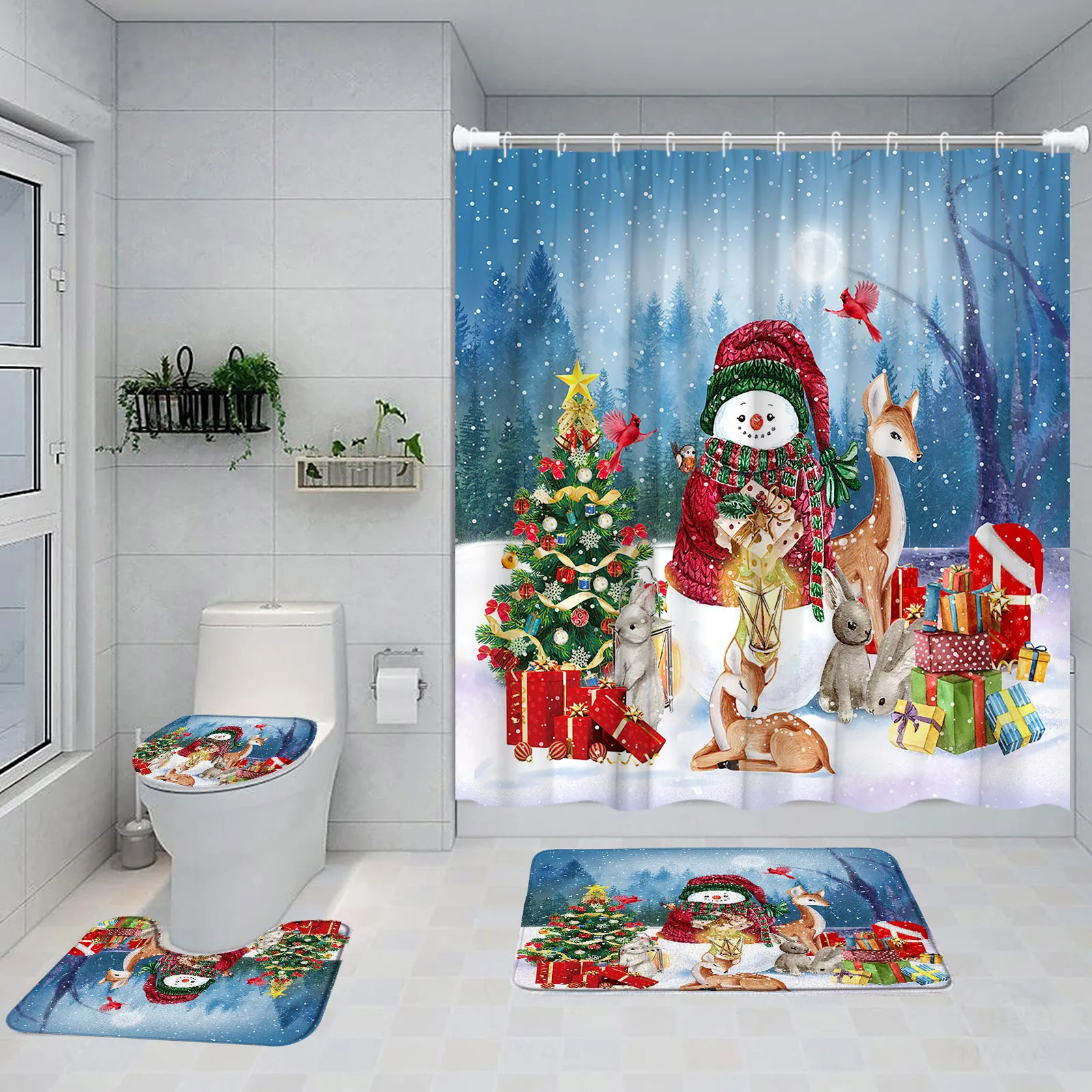 Рождественский комплект штор для душа Снеговик Рождественские елки Красный