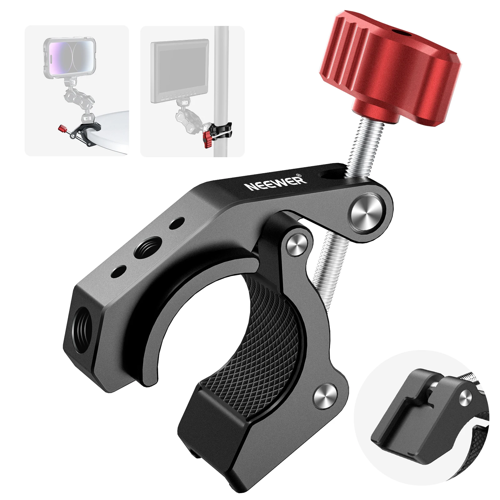 

NEEWER Super Clamp with Cold Shoe and 1/4" 3/8" Threaded Holes, Max Load 4.4lb/2kg, Crab Shaped Camera Clamp Mount