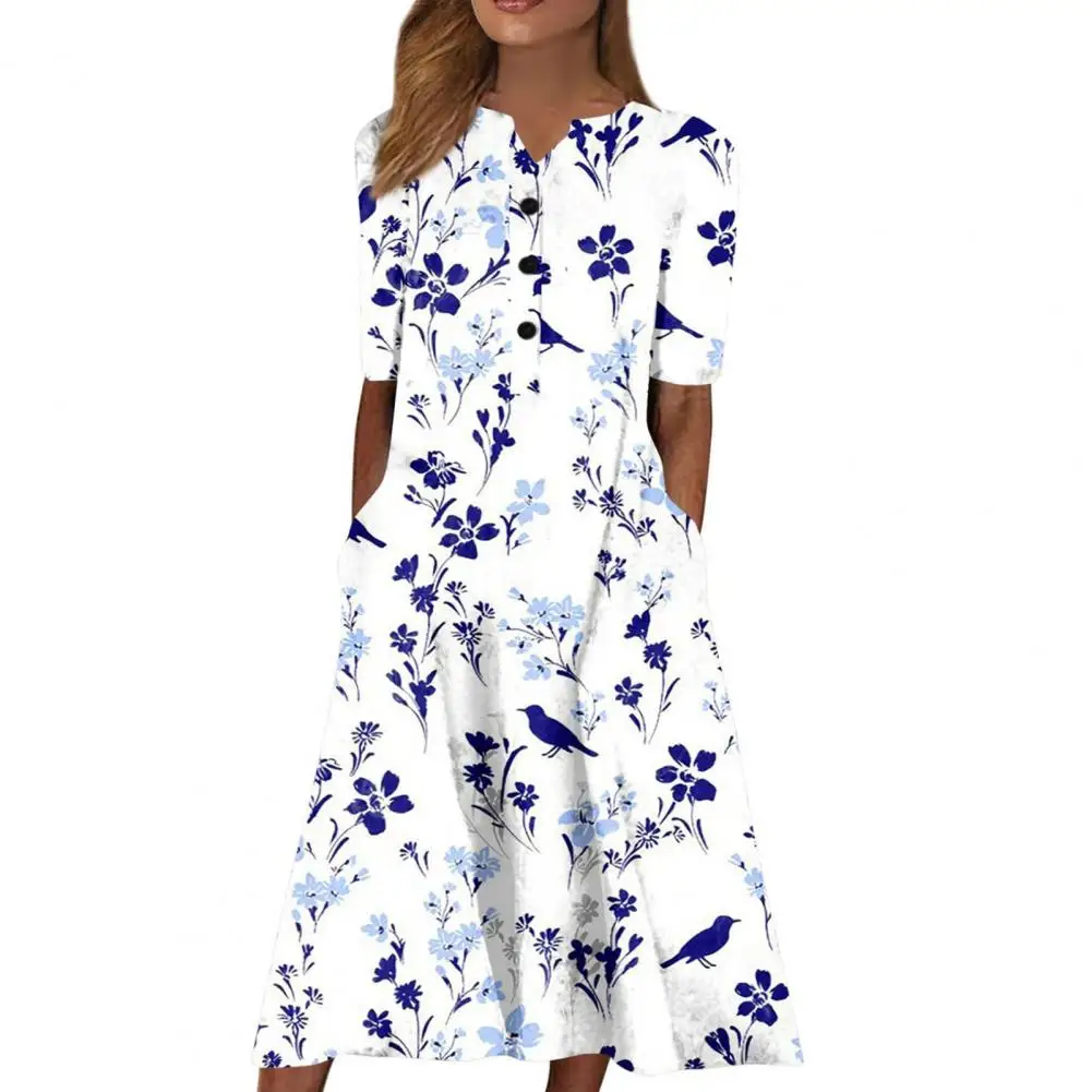 

Midi Dress Women 2023 Flower Printing V-neck A-line Big Hem Buttons Short Sleeves Mid-calf Length Summer Dress Female Clothes