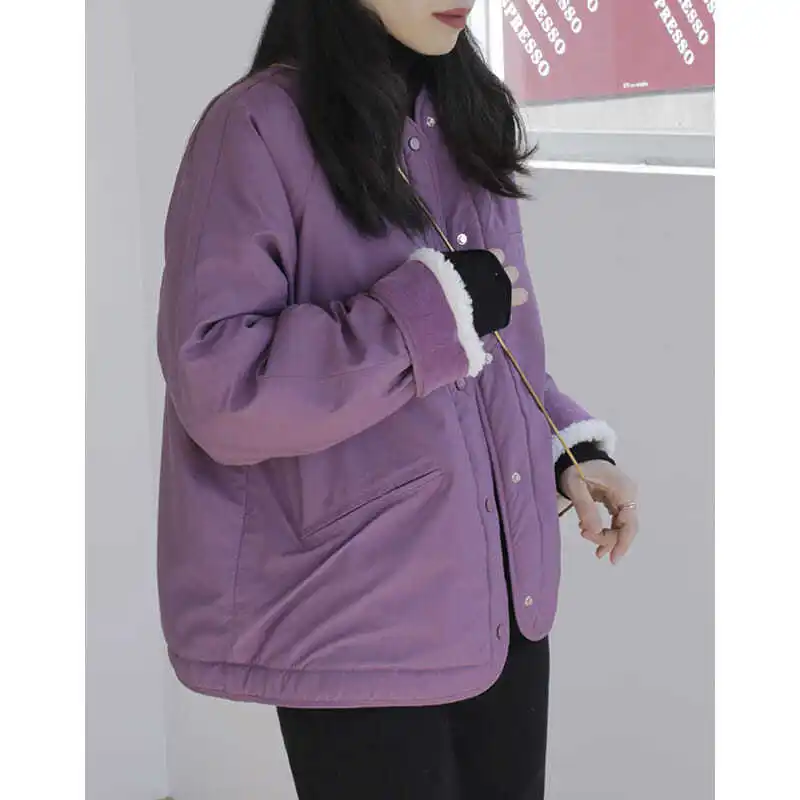 

Зимняя хлопковая куртка, короткое пальто, свободная плюшевая куртка, хлопковая куртка, фиолетовая утепленная бейсбольная куртка для женщин