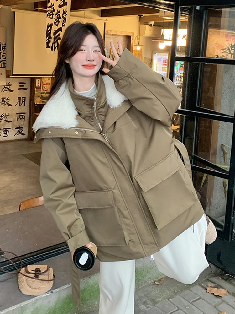 Lamb Wool Large Lapel Cargo Parker Down jacket Mid-Length Women 2024 Winter Korean Sle Loose Waist Hugging Thickened Outerwear